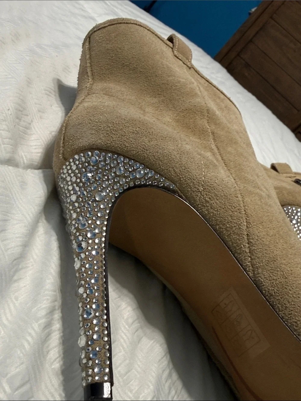 Karl Lagerfeld Taupe Suede Pointed-Toe Ankle Booties with Rhinestone Heel Size 7